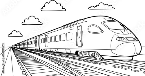 Black and white train on railroad tracks with clouds