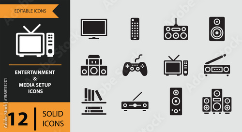 Entertainment and media setup icons in solid black style