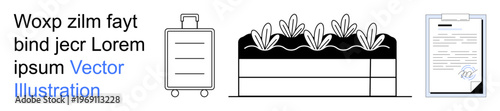 Travel, legal agreements, agriculture, organization, logistics, documentation. Monochrome suitcase, raised garden bed with plants signed paper. Travel and legal agreements