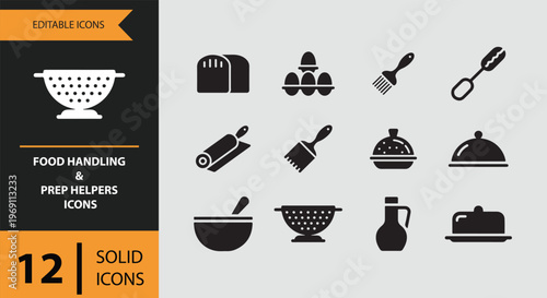 Food handling and prep helpers icons in solid style