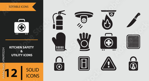 Kitchen safety and utility icons in solid black on gray