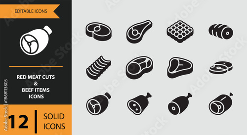 Black and white icons of various red meat cuts and beef items