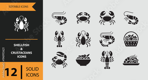 Collection of shellfish and crustaceans icons in solid black