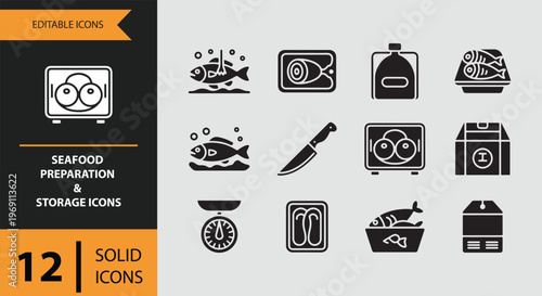 Seafood preparation and storage icons in solid black