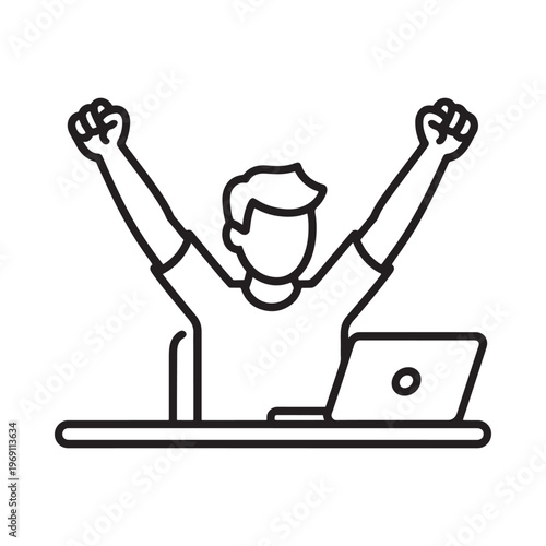 Man celebrating success with raised arms in front of a laptop