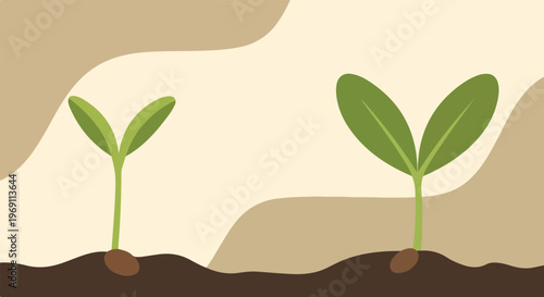 Two small green seedlings emerge from brown soil with visible seeds at their base, set against a simple, wavy earth-toned background.