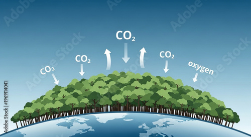 A vector graphic illustration of the Earth's atmosphere and carbon cycle