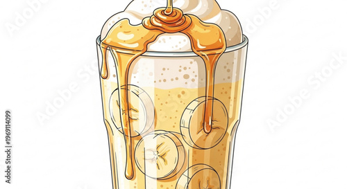 A vector illustration of a glass filled with a creamy banana drink topped with whipped cream and caramel sauce