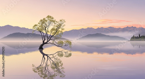 A serene landscape of a lone tree in a calm lake at sunset