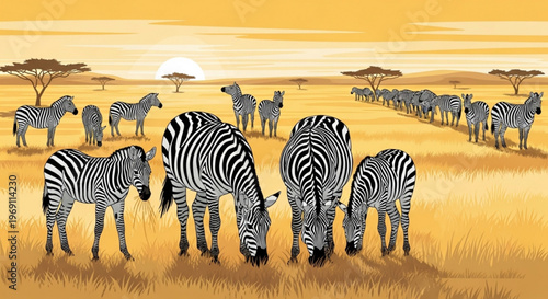 A vector illustration of zebras grazing in a savannah at sunset