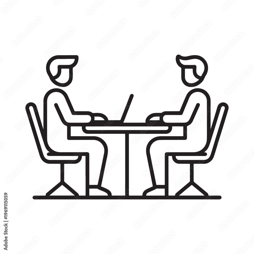 Fototapeta premium Two people seated at a table with a laptop depicted in line art