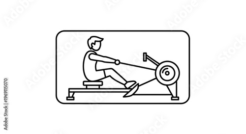Line art illustration of a person engaging in fitness activity on a rowing machine for health and