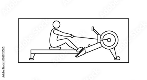 Outline illustration of an individual performing a full-body workout on a rowing machine in a gym