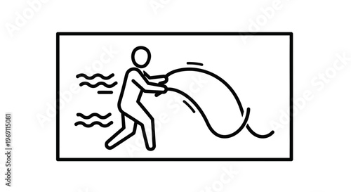 Dynamic line art illustration of a person actively pulling a flexible object through wavy terrain