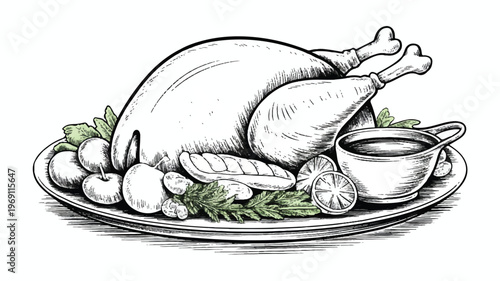 Traditional roasted whole turkey on platter with garnishes and gravy hand-drawn sketch with side dish with black and white with cooked meal