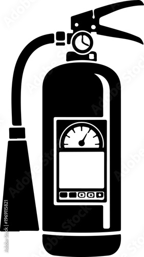 Fire extinguisher, safety equipment, emergency tool, black icon, vector graphic