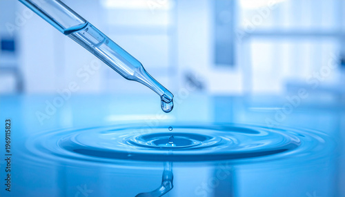 Droplet Experiment: Capturing the elegance of science, a single water droplet is carefully released from a pipette, creating ripples in the water.