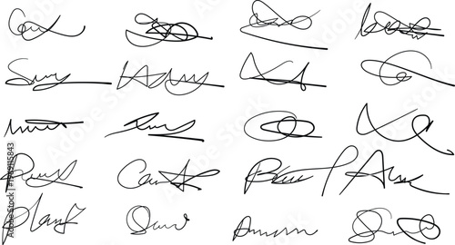 Collection of stylized handwritten signatures in black ink on white background symbolizing identity