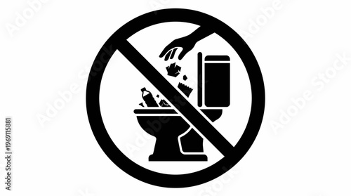 Toilet litter sign. No toilet littering sign. Vector illustration on white background. Throwing paper in the toilet. Banned, forbidden, prohibited black crossed circle.