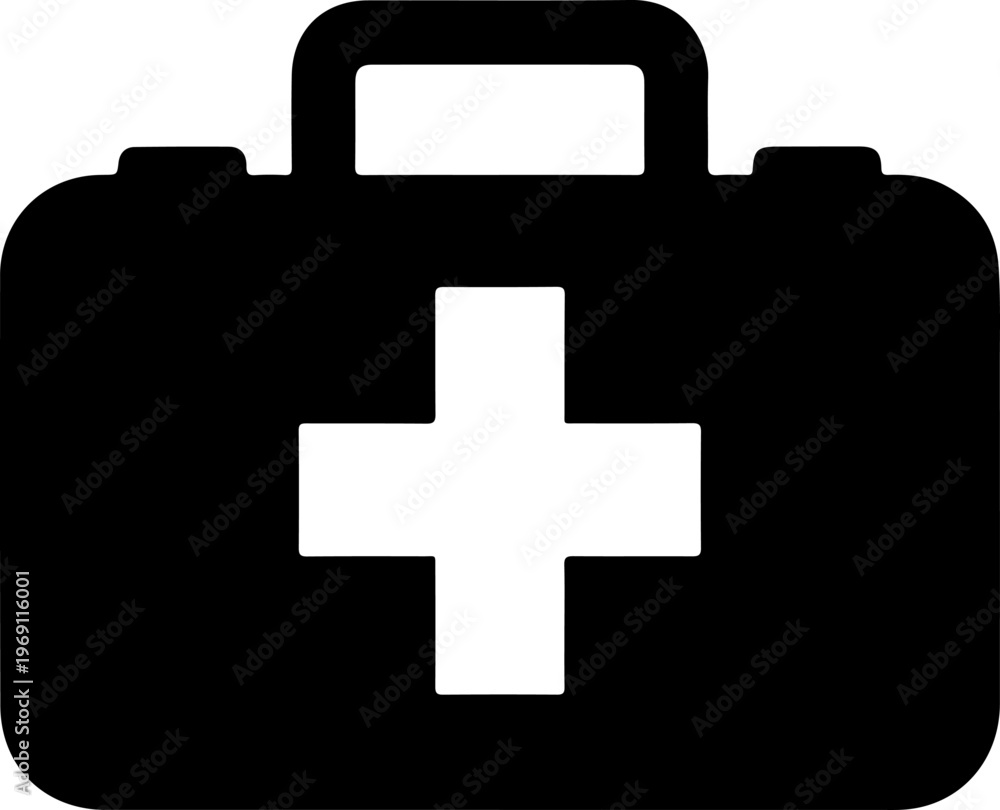Obraz premium First aid kit, medical bag, black icon, white cross, emergency symbol