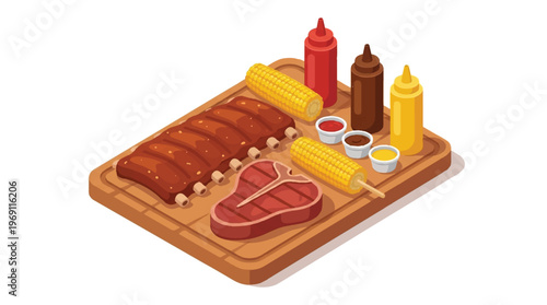 Barbecue platter with ribs, steak, corn, and condiments, cutting board, bbq sauce, sauce bottles, grilled corn, food platter, pork ribs, beef steak