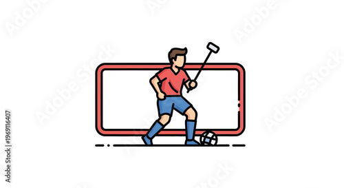 Dynamic flat design illustration of a soccer player utilizing a selfie stick within a digital