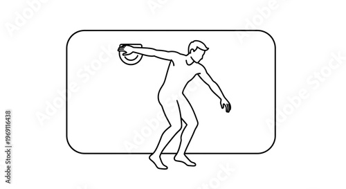Dynamic outline illustration of a male discus thrower in motion, showcasing athletic prowess and