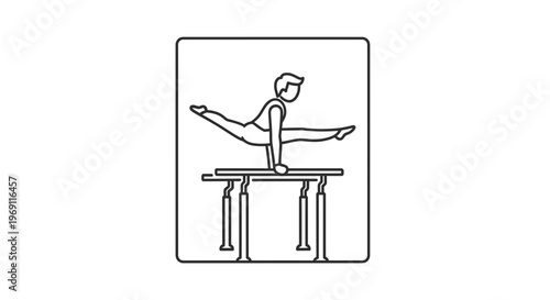 Dynamic line art illustration of a male gymnast expertly executing a split on parallel bars