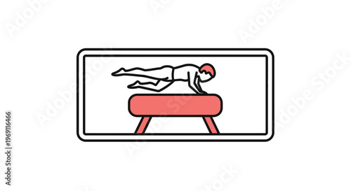 Stylized graphic of a male athlete demonstrating gymnastic skill on a red vaulting apparatus for