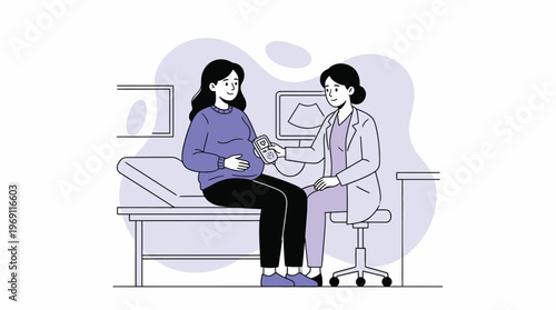 Happy Pregnant Woman Receiving Prenatal Check-up from Doctor with Fetal Doppler and Ultrasound Monitor in Modern Clinic