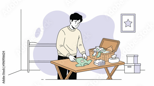 Happy Dad Preparing Baby's Wardrobe, Folding Cute Clothes and Organizing Essentials in Nursery Room