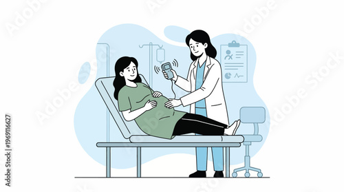 Smiling Pregnant Woman Receives Professional Prenatal Care from Female Doctor Using Fetal Doppler During Medical Checkup Illustration