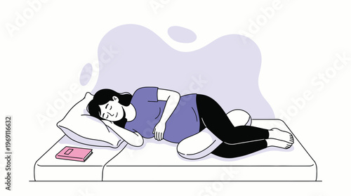 Expectant Mother Finding Restful Sleep with Supportive Pregnancy Pillow on Bed Illustration