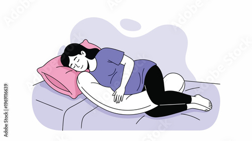 Pregnant Woman Sleeping Peacefully on Side with Ergonomic Full Body Pillow for Optimal Comfort and Support
