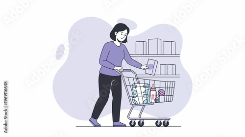 Modern Flat Illustration of a Woman Shopping for Baby Products in a Supermarket Aisle with a Shopping Cart Full of Essentials