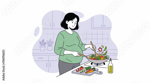Happy Pregnant Woman Cooking Healthy Vegetable Stir-Fry in a Bright Modern Kitchen for Optimal Nutrition