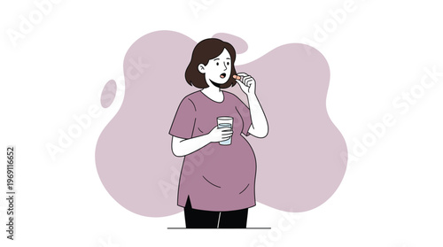 Pregnant Woman Taking Prenatal Vitamin or Medication with Water, Maternal Health and Wellness Illustration