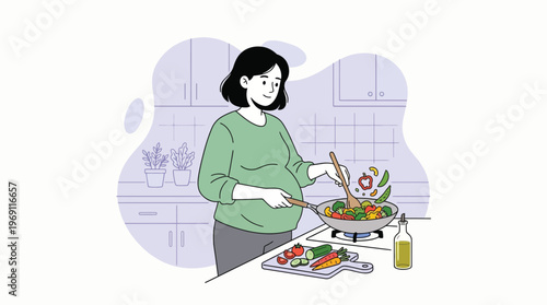 Happy Pregnant Woman Cooking Healthy Fresh Vegetables in Kitchen - Expectant Mother Preparing Nutritious Meal