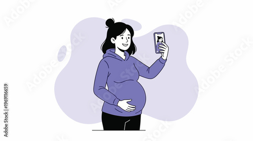 Joyful Pregnant Woman Taking Selfie with Smartphone, Celebrating Motherhood in Modern Lifestyle Illustration