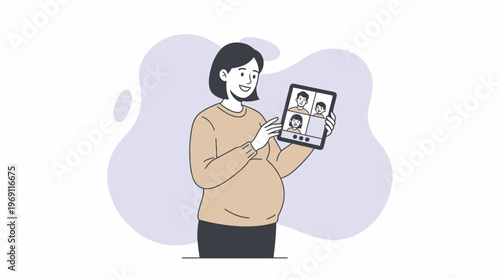 Happy Pregnant Woman Engaging in Family Video Call on Tablet, Connecting with Loved Ones Remotely
