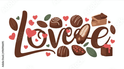Word love made of chocolate sweets and cocoa beans with valentines day with graphic design with sweets shop with food illustration with food art