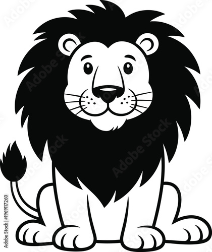 Cartoon lion sitting with black mane and tail animal
