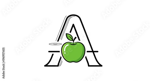 Stylish letter A design featuring a vibrant green apple as a central focal point