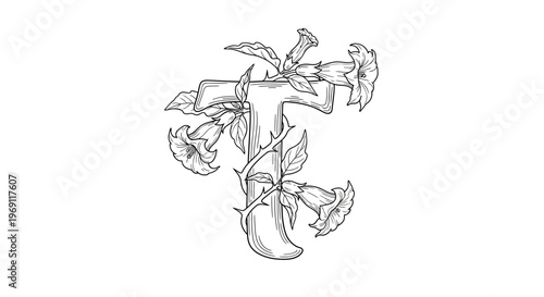 Ornate letter T illustration with blooming flowers and thorny vines elegant botanical initial design
