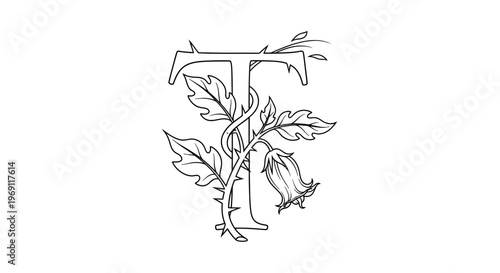 Elegant botanical letter T illustration with thorny vine and delicate bellflower for design projects