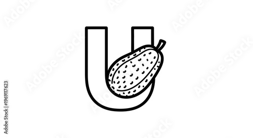 Creative line art drawing of the uppercase letter U featuring a distinct textured fruit for