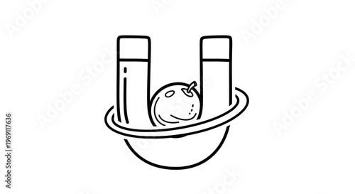 Stylized illustration of a magnet attracting a celestial body or an atom with an orbital ring