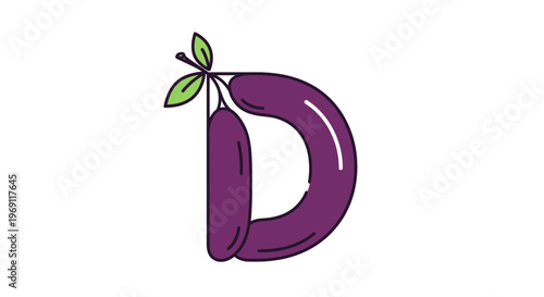 Creative lowercase 'd' letterform crafted from vibrant purple fruit and fresh green leaves
