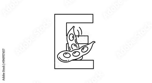 Stylized E initial letter design with fresh green edamame pods creating a unique healthy food