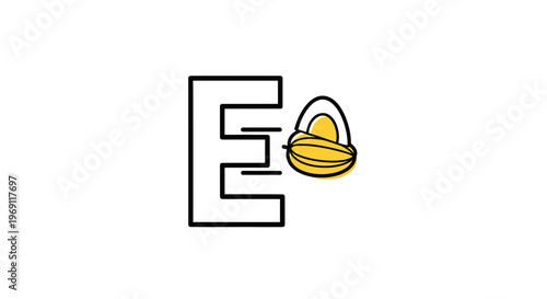 Minimalist E and peeled boiled egg illustration with speed lines, food concept design, healthy